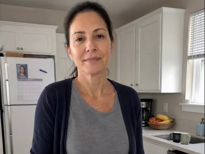 The grandmother from the video in her kitchen, wearing her clover pendant