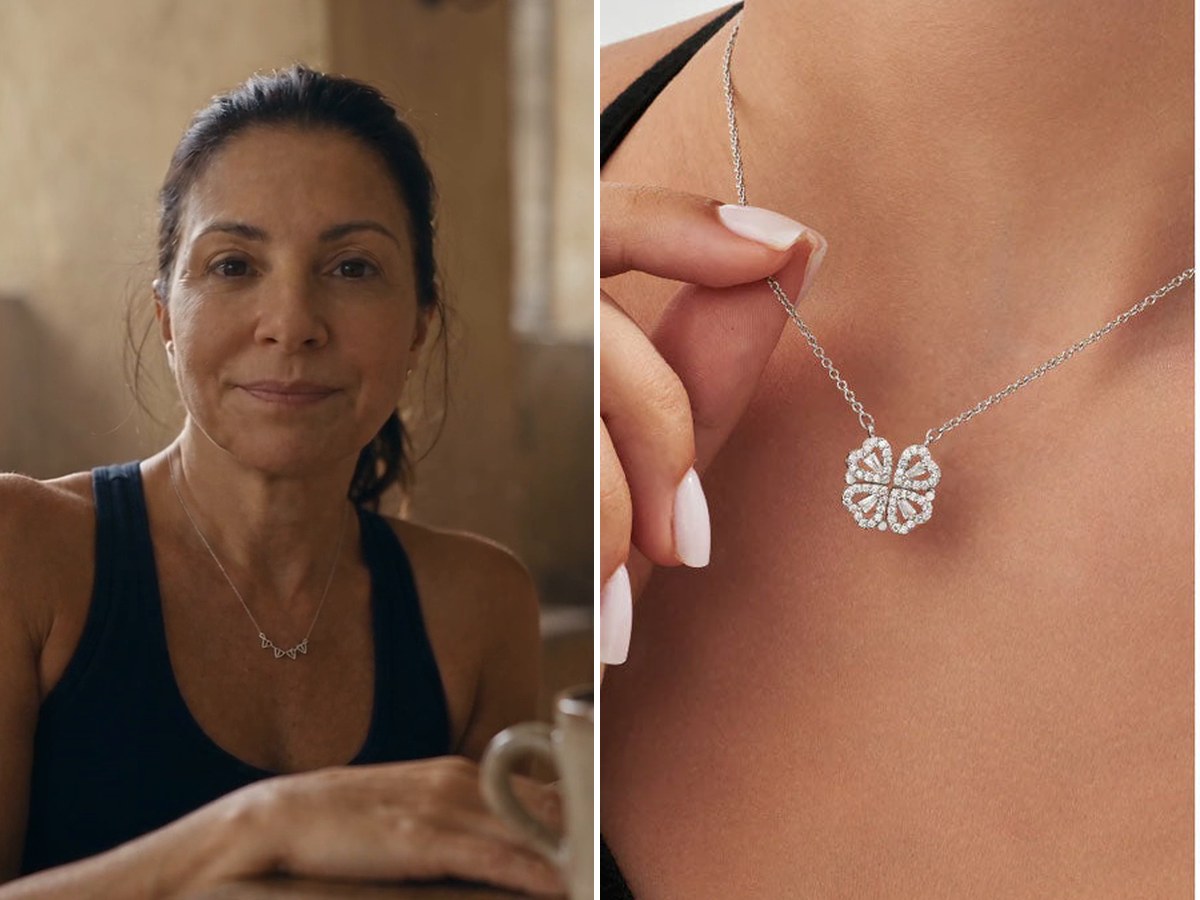 The grandmother from the video at her table, wearing her pendant, and the Clover Heart pendant on a granddaughter's neck