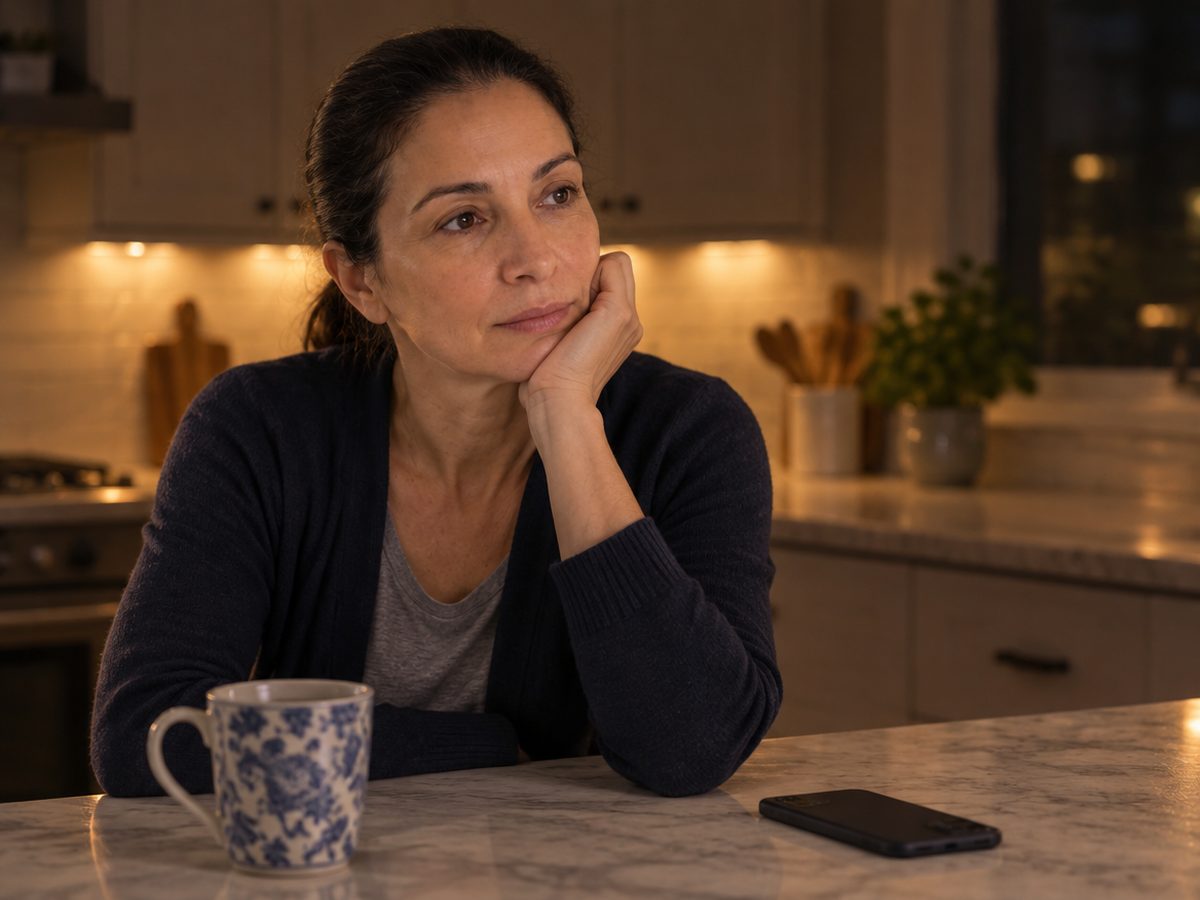 A grandmother at her kitchen island at night, looking at her quiet phone