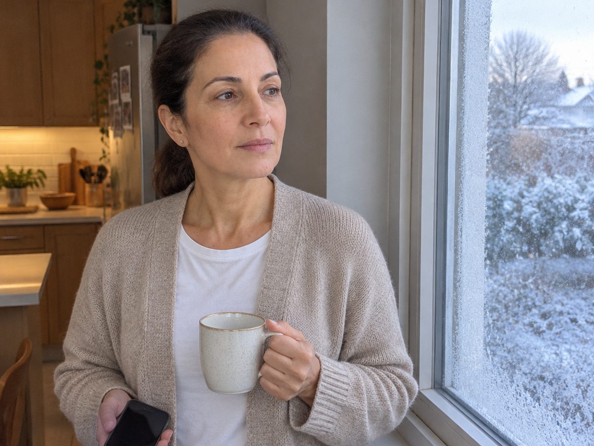 A grandmother by a frosty kitchen window on a February morning, phone in hand
