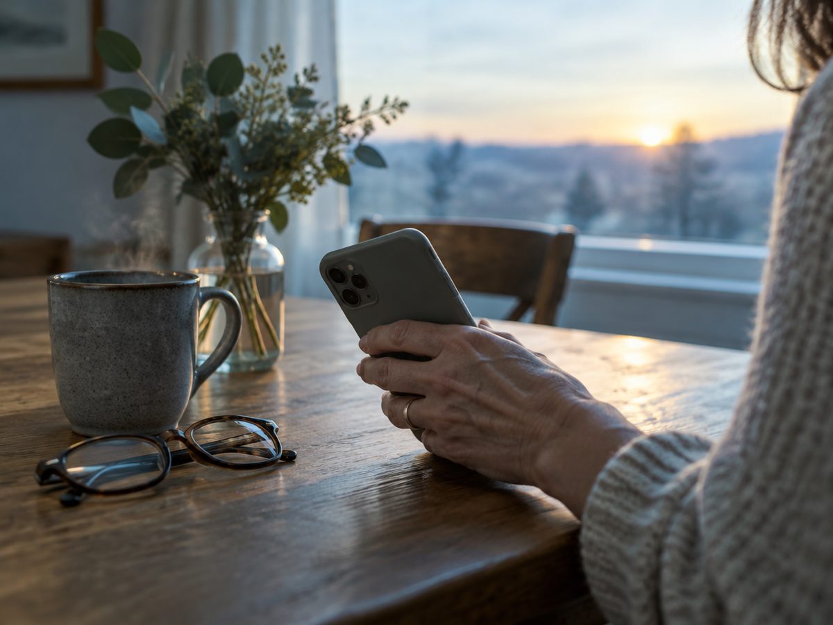 A phone on the kitchen table at dawn lighting up with a one-word text: Clover