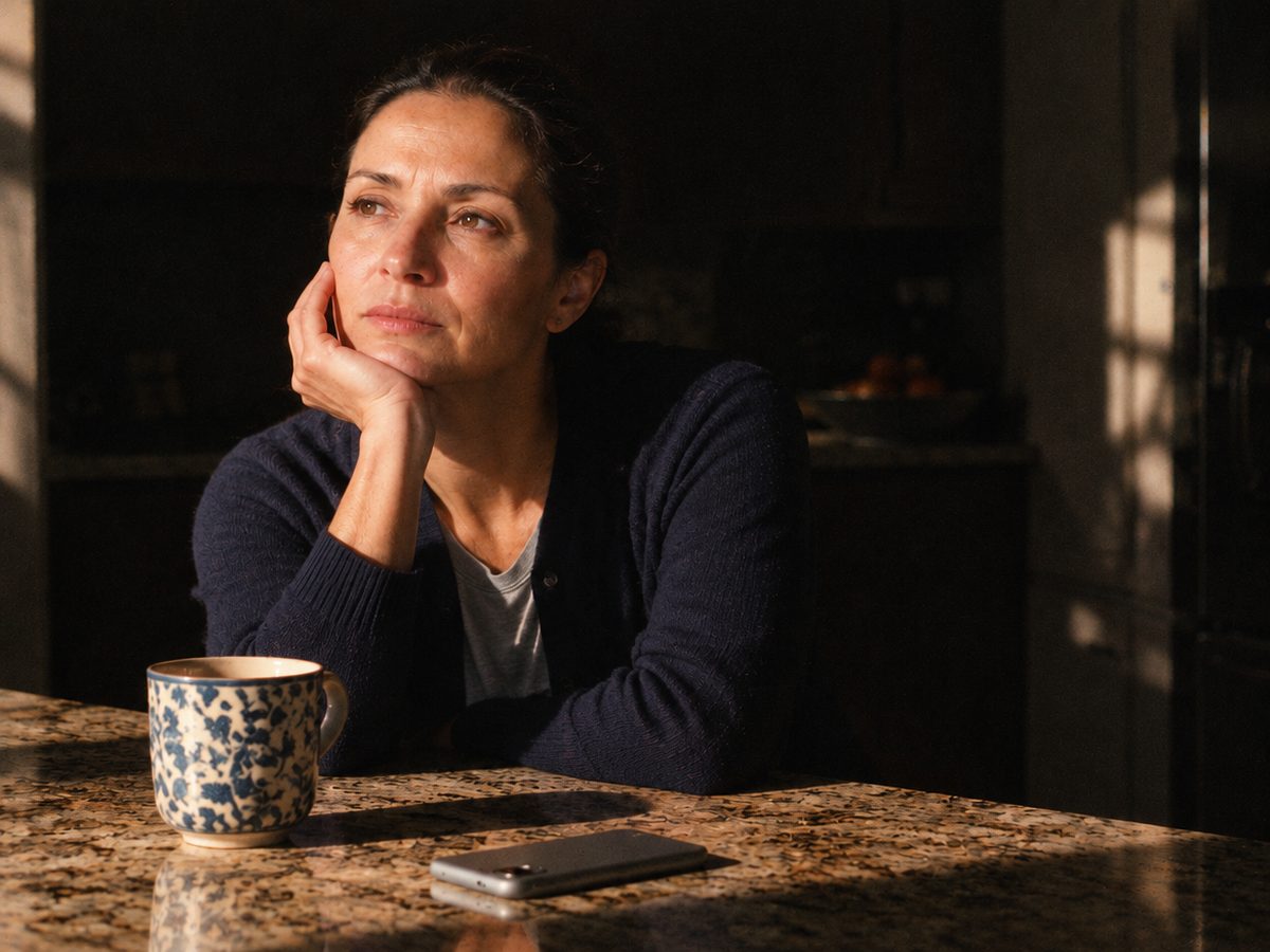 A grandmother at her kitchen island at night, looking at her quiet phone