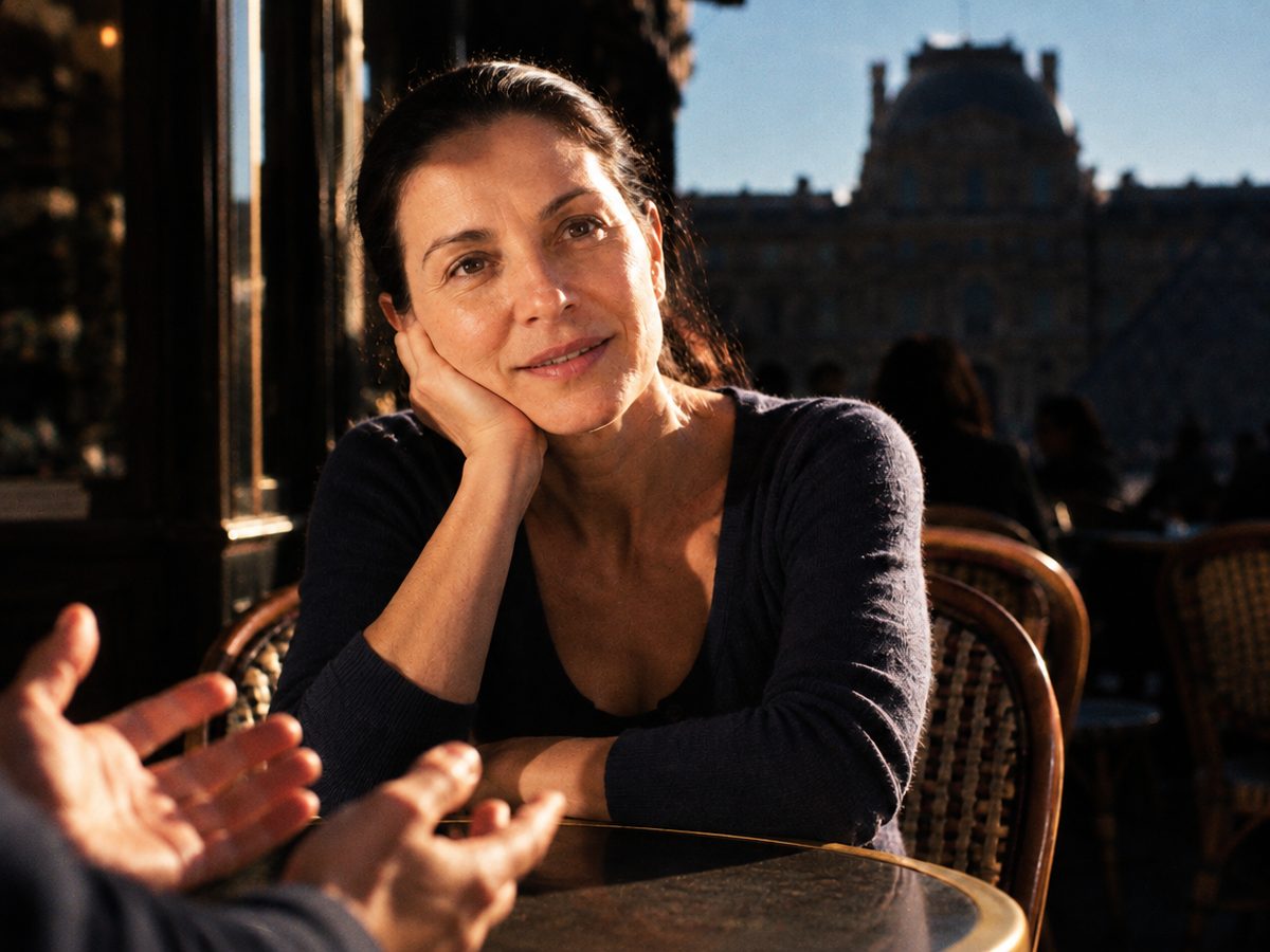 The founder at a café table near the Louvre, watching the woman at the next table