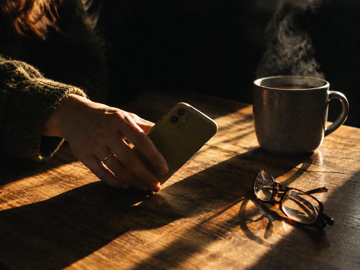 A phone on the kitchen table at dawn lighting up with a one-word text: Clover