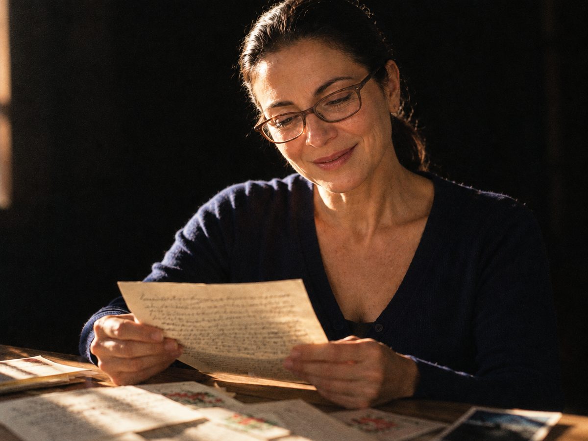 The founder at her dining table reading letters from other grandmothers