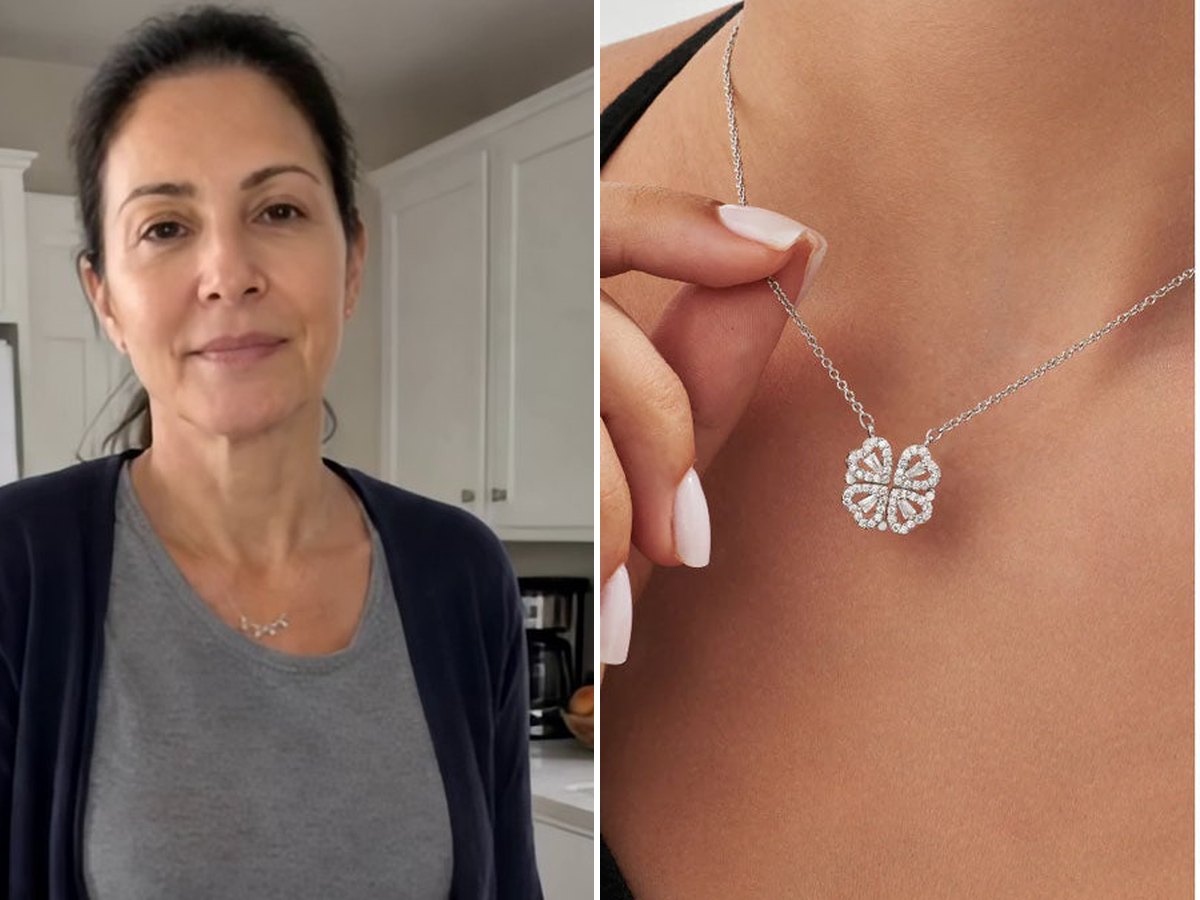 The grandmother from the video in her kitchen, and the Clover Heart pendant on a granddaughter's neck