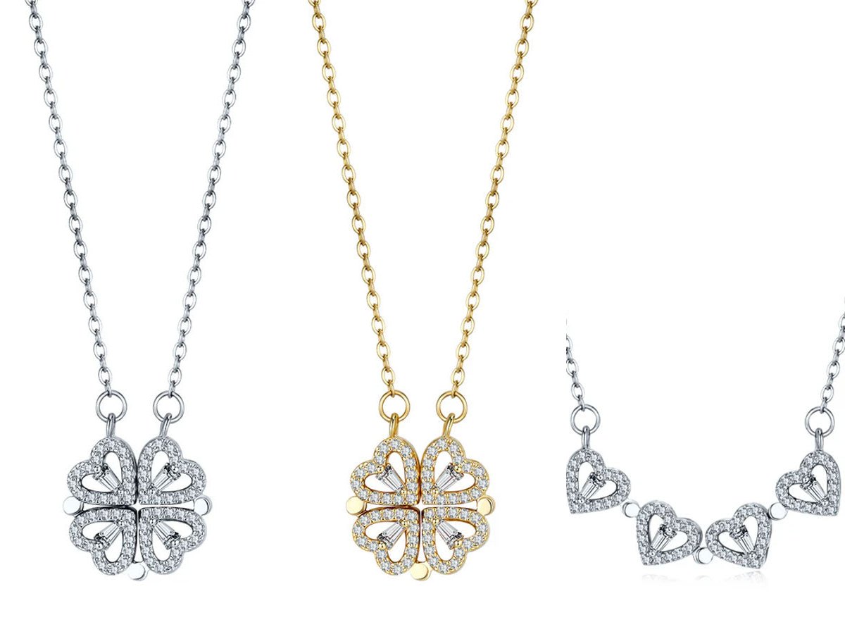 Three Clover Heart necklaces: silver clover, gold clover and silver hearts