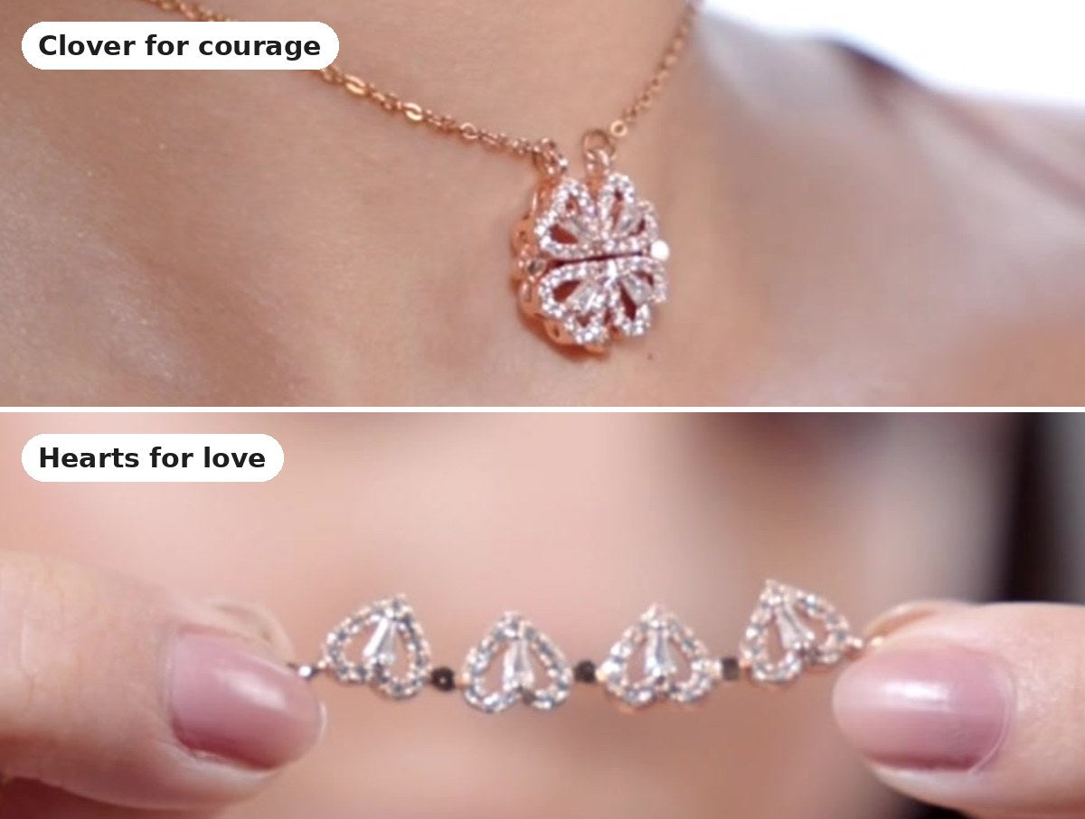 The Clover Heart pendant as a clover (clover for courage) and pulled apart into four hearts (hearts for love)