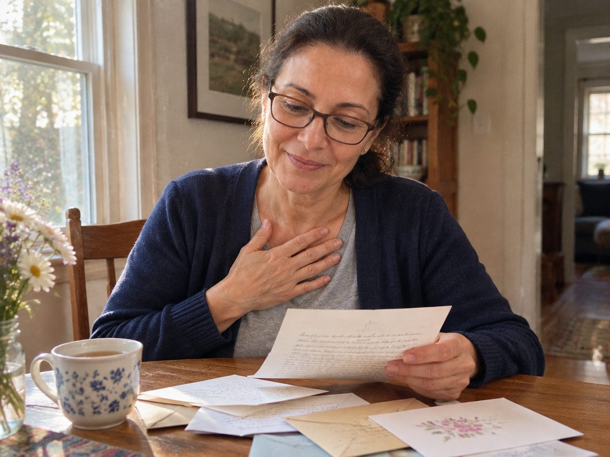 The founder at her dining table reading letters from other grandmothers