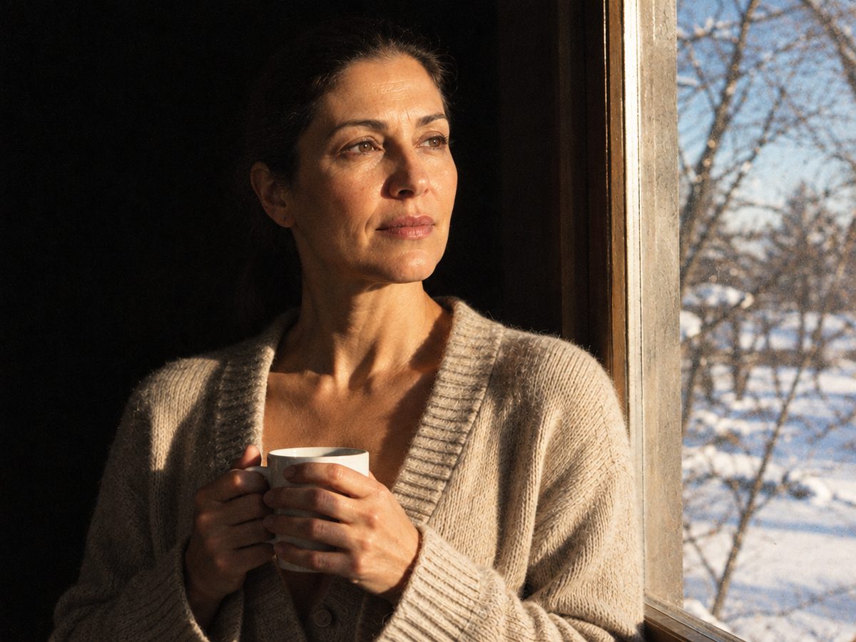 A grandmother by a frosty kitchen window on a February morning, phone in hand