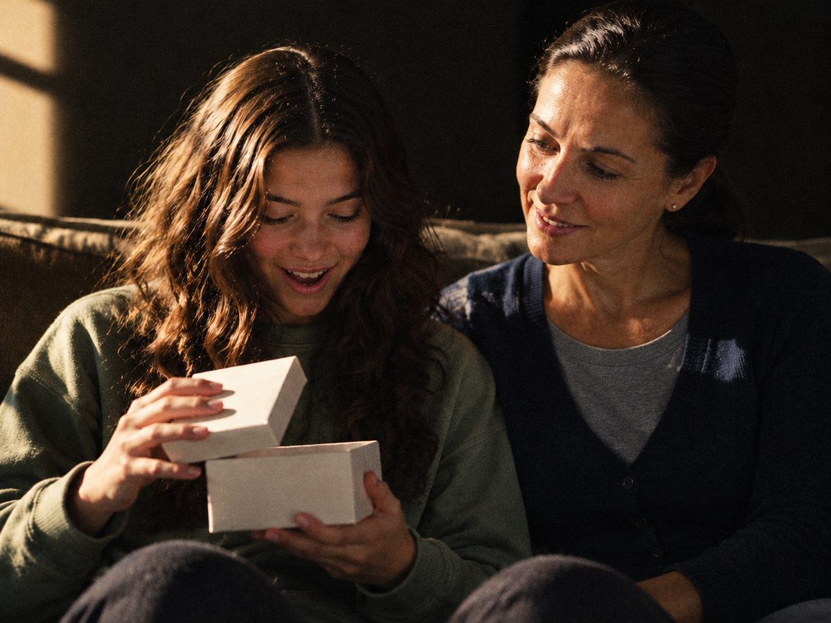 Emma, fifteen, opening a small gift box beside her Grammy on the sofa