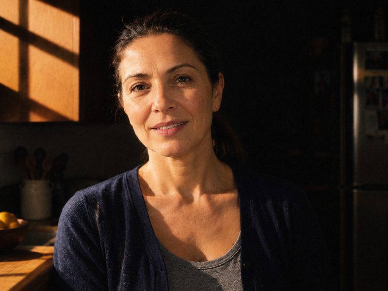 The founder in her kitchen, the same kitchen as the video